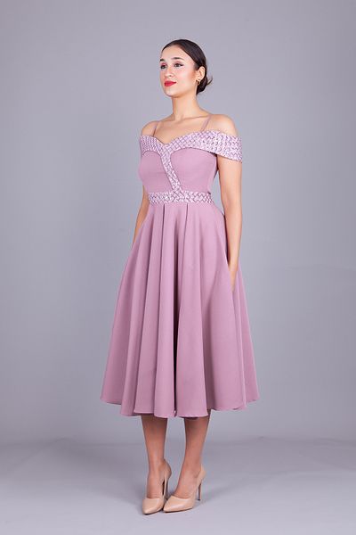 Bidoluelbise Dark Rose Strap Off Shoulder Checked Sequin Detail Midi Length Flared Evening Dress