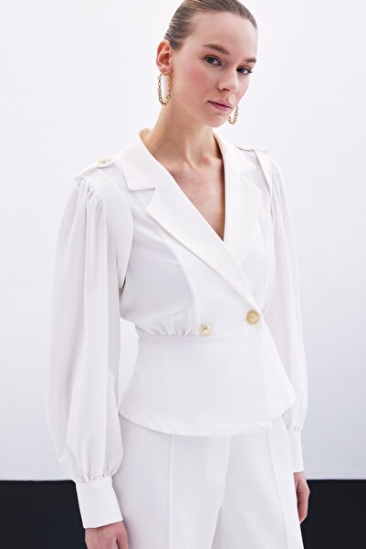 Sateen Double Breasted Short Jacket - Ecru