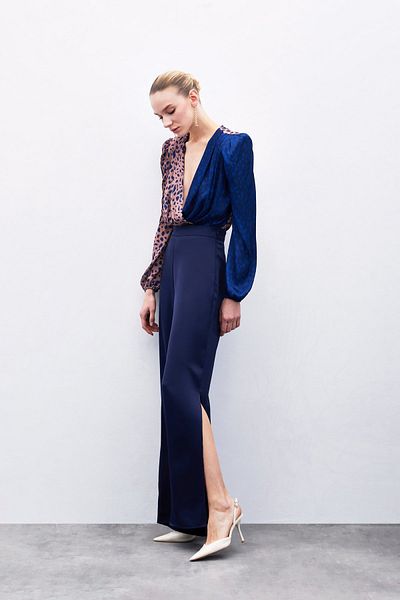 Sateen Slit Detailed Satin Trousers - Navy Blue