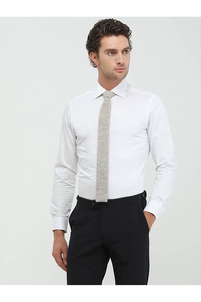 Kip White Plain Slim Fit Woven Classic 100% Cotton Shirt