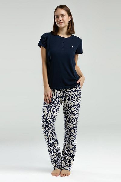 Pierre Cardin Γυναικείο σετ πιτζάμες Navy Blue, Κοντό μπλουζάκι, Στρογγυλός γιακάς με κουμπιά, Λεπτομέρεια τσέπης