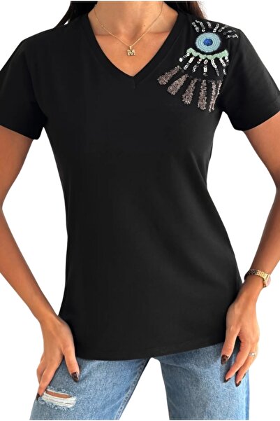 Cassime Black V-Neck T-Shirt - 100% Cotton with Embroidery and Sequin Embroidery