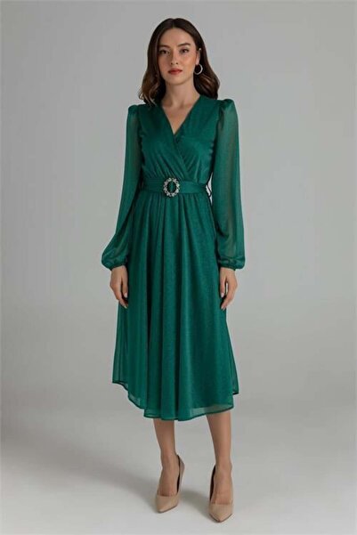 Dipmoda γυναικείο φόρεμα Ζώνη λι διπλό πέτο γιακά Με γκλίτερ βραδινό φόρεμα D...