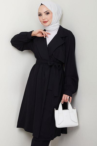 hafsamina Καλοκαιρινή καμπαρντίνα με διπλό στήθος Μαύρο Σετ HM2703