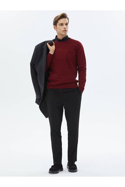 Kip Red Crew Neck Jacquard Wool Blended Knitwear Sweater