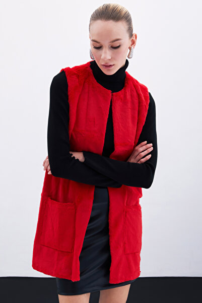 Sateen Cep Detaylı Peluş Yelek - Kırmızı