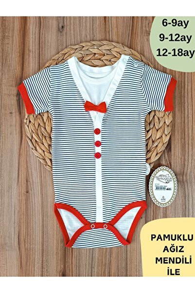 Tomuycuk Kırmızı Erkek Bebek Body Çizgili Papyonlu Çıtçıtlı Kısa Kollu Şık Bebek Zıbın Yazlık %100 Pamuklu