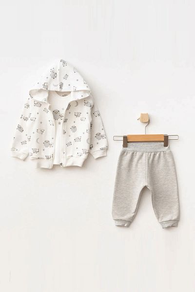 Aziz Bebe Cute Lambs Patterned Baby Top and Cardigan 3-Piece Set for 3 Months to 18 Months