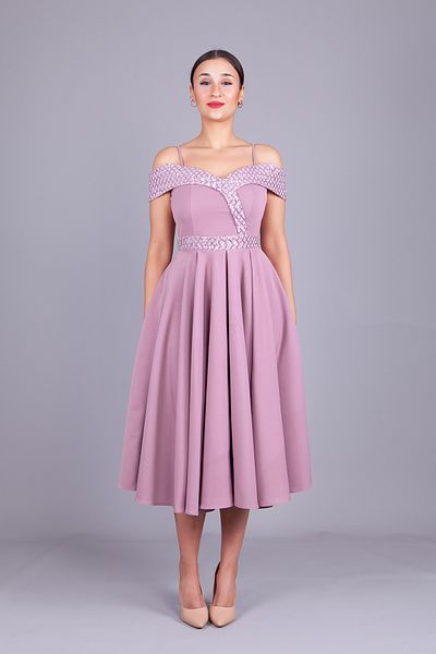 Bidoluelbise Dark Rose Strap Off Shoulder Checked Sequin Detail Midi Length Flared Evening Dress