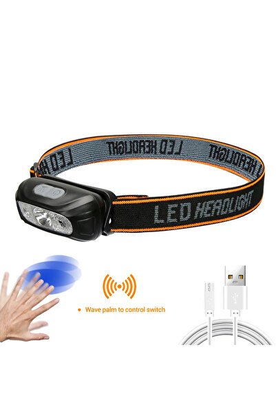 Heinast مصباح أمامي قوي أسود بمستشعر LED قابل لإعادة الشحن عبر USB ومصباح أما...