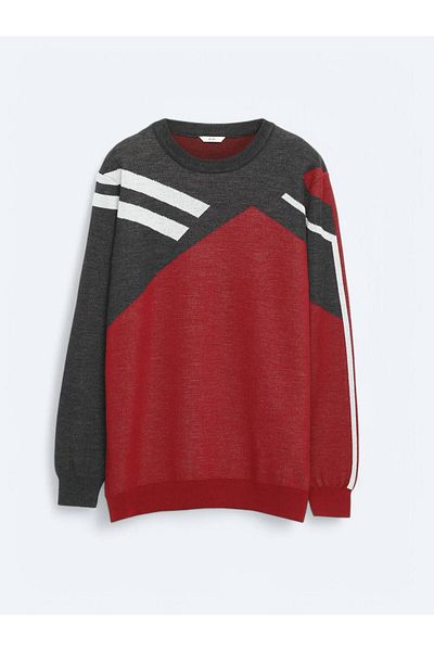 Kip Red Crew Neck Patterned Wool Blended Knitwear Sweater