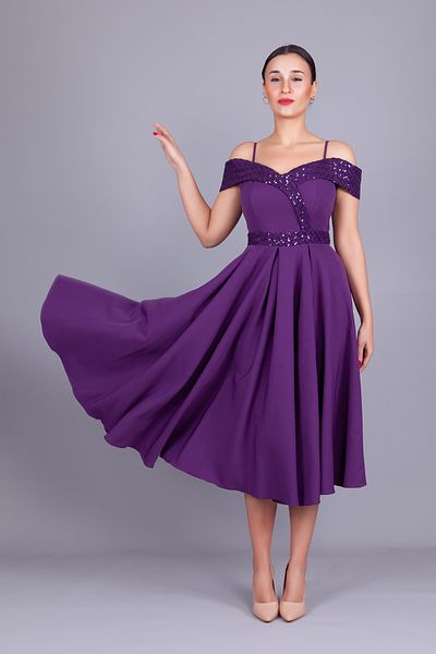 Bidoluelbise Plum Strap Off Shoulder Checked Sequin Detail Midi Length Flared Evening Dress