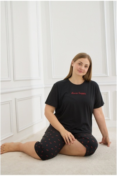 pijamakeyfi Kadın Büyük Beden Kısa Kol Kapri Pijama Takımı