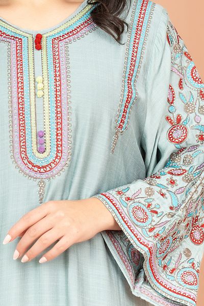 IKKXA Mandarin Collar Hand Embroidered Jalabiya