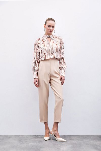Sateen Beige High Waist Pencil Pants