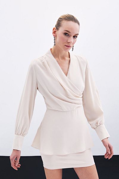 Sateen Beige Beaded Collar Double Breasted Blouse