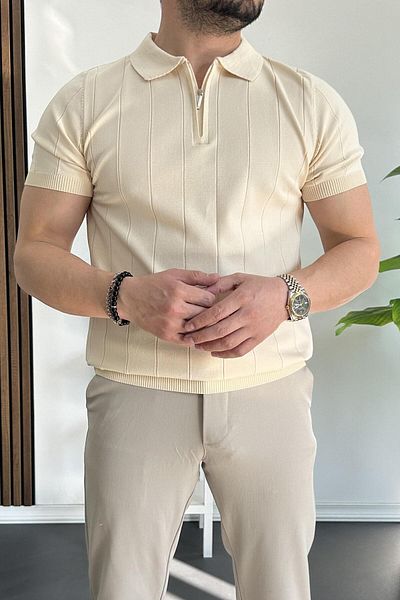 Edwox Ανδρικό μπλουζάκι με μισό φερμουάρ Polo Neck Cream Edw257