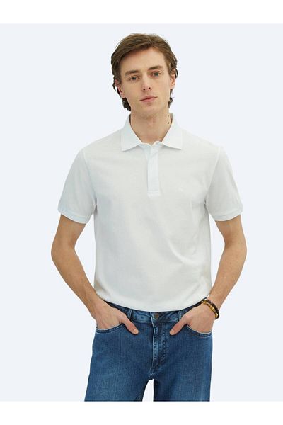 Kip White Plain Polo Neck 100% Cotton T-Shirt