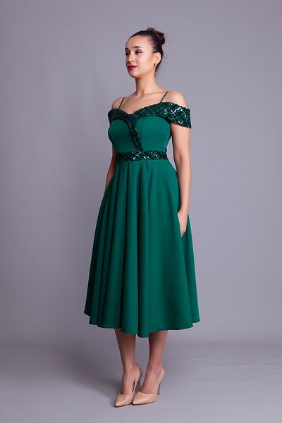Bidoluelbise Emerald Strap Off Shoulder Checked Sequin Detail Midi Length Flared Evening Dress