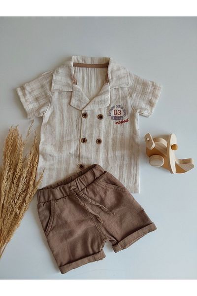 damdamin Baby Boys Double Breasted Lapel Double Button Shirt & Cotton/Linen Shorts Set