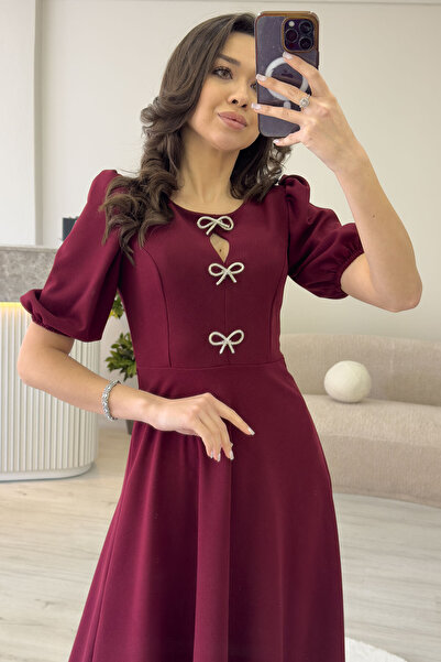 the ZKS Kadın Fiyonk Detay Balon Kol Midi Boy Elbise Bordo, Lacivert, Taba