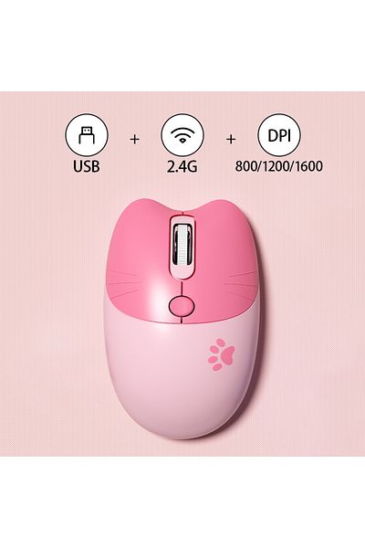 Choice ماوس لاسلكي M3 باللون الوردي على شكل قطة لطيفة 2.4 جيجاهرتز، مستقبل USB، توصيل وتشغيل، 3 نقاط لكل بوصة قابلة للتعديل، كومب