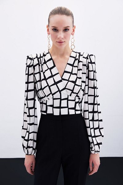 Sateen Patterned Crop Blouse - Ecru Color