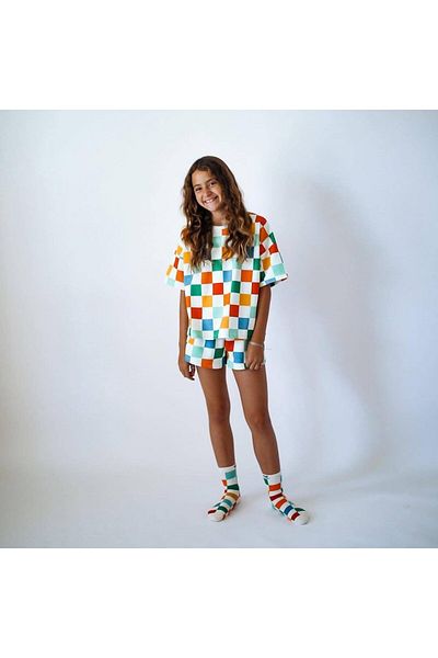 Magu Girl's Oversize Colorful Square Pattern T-Shirt and Shorts Set