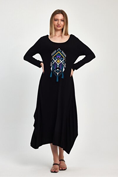 NUR TEKSTİL kadın siyah  pamuklu penye  uzun kol  nakış ileme  İki Yanlar Cepli Etnik  Şalvar görünümlü   Elbise