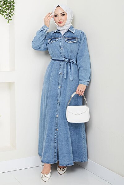 hafsamina Μπλε Κέντημα Ζωντανό Τζιν Φόρεμα με Κουμπί HM2669