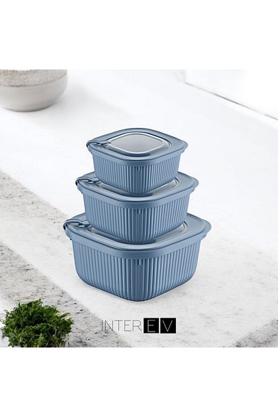 INTEREV Set of 3 (600-1100-1800ml) Microwave and Diffuse Suitable Special Lid Storage Container Set Blue