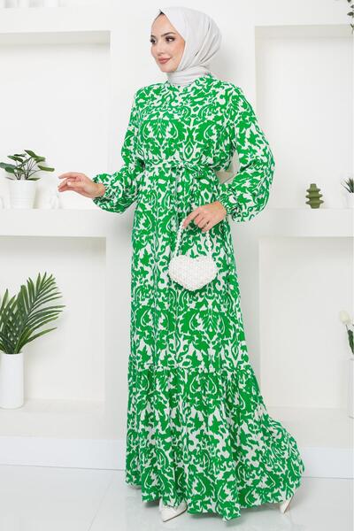 hafsamina Πράσινο φόρεμα βισκόζης - Ψηφιακή εκτύπωση και ζώνη HM2500