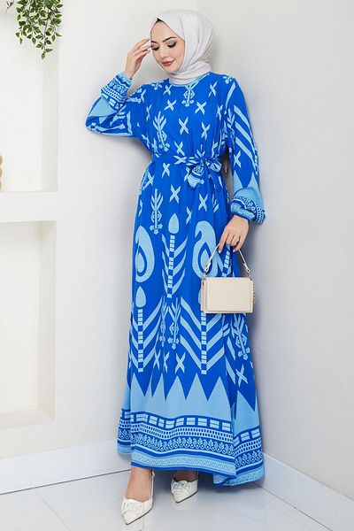 hafsamina Fresh Patterned Viscose Dress Blue Hm2679 Summer
