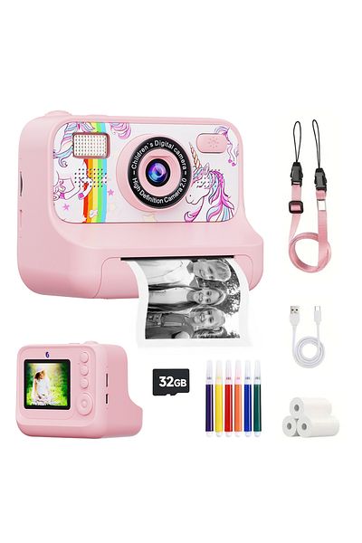 Choice Pink Cartoon Instant Print Camera for Kids 2.4 Inch HD Digital Camera With 32G for Boys Girls Birthd