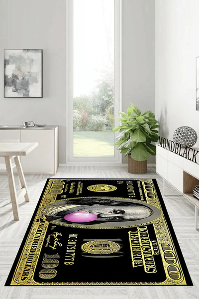 Mondblack Siyah Gold 100 Dolar Makinede Yıkanabilir Kaymaz Taban Salon, Mutfa...