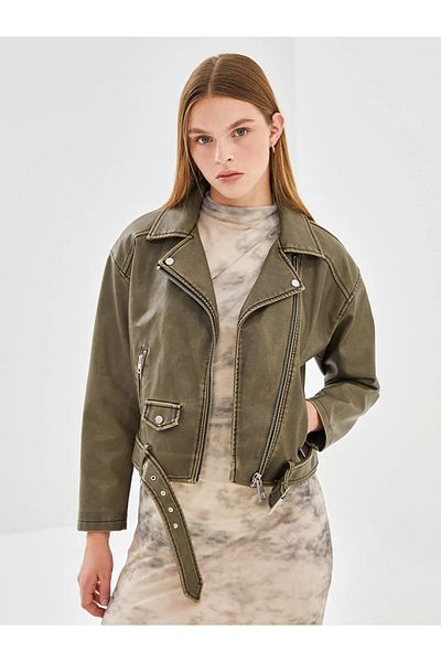 LC Waikiki Γυναικείο δερμάτινο μπουφάν Lcw Vision Khaki Biker Collar