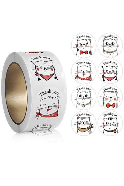 Choice cat-500pcs 500pcs/roll Thank You Cat Stickers Cute Cartoon Animal Stickers Kids Gift Party Birthday