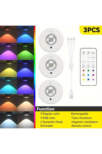 Pzsunly 3pcs Rgb 12 Color Night Light Wireless Remote Control Type-c Rechargeable Light Powered Cabinet Ligh