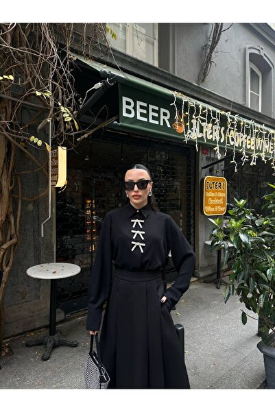 QİMYA BUTİK HOT FASHION Kadın Taşlı Kurdela Detaylı İnce Likralı Krep GÖMLEK