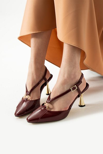 Güllü Shoes Luxurious Burgundy Patent Leather Women's Heeled Shoes with Gold Detail, Stylish and Elegant for Daily & Special Occasion Combinations