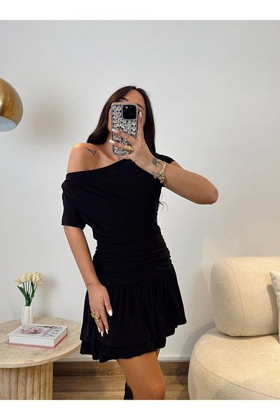 QİMYA BUTİK Buketli̇ Women's Sandy Fabric Boat Neck Gathered Draped Mini Dress