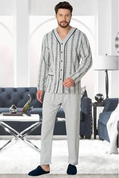 Mecit Pijama Σετ ανδρικών πιτζάμες με μπροστινό κουμπί Plus Size 100% βαμβάκι Φθινόπωρο-Χειμώνας