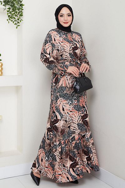 hafsamina Nare Leaf Patterned Viscose Dress Salmon Hm2682