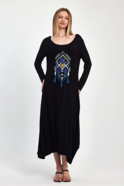 NUR TEKSTİL kadın siyah  pamuklu penye  uzun kol  nakış ileme  İki Yanlar Cepli Etnik  Şalvar görünümlü   Elbise