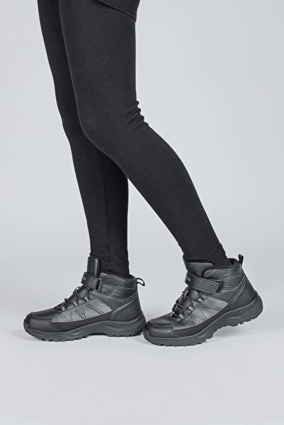 Jump 29194 Cırtlı Yüksek Bilekli Full Siyah Üniseks Çocuk Sneaker Günlük Spor Ayakkabı