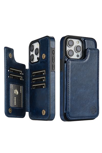 Choice iPhone 14 Pro Max Blue Wallet Solid Color Magnetic Double Buckle RFID Blocking Card Leather Case For