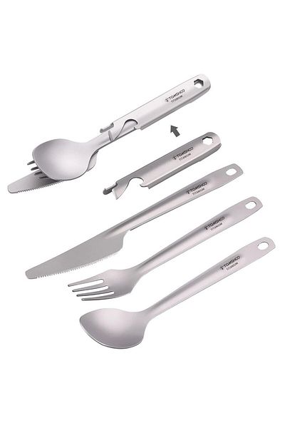 TOMSHOO Titanium Tomshoo 4-in-1 Titanium Flatware Cutlery Set Lightweight Dinner Spoon Fork Cutter W Multifu