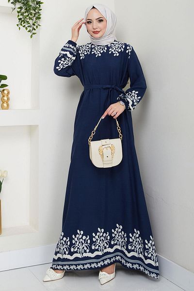 hafsamina Navy Blue Minel Viscose Dress Hm2684
