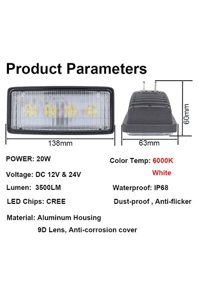 jaln7 مصباح LED للمركبات الزراعية من Deere بقوة 20 وات ومصباح عمل للجرار مقاوم للماء قطعة واحدة