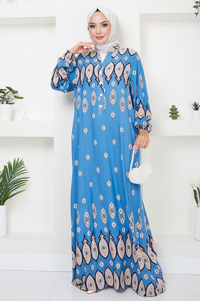 hafsamina Blue Viscose Dress - Sare Button, Hm2502